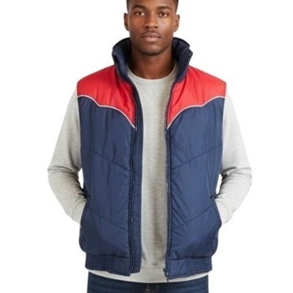 Windbreaker Puffer Vest Mens XL Navy Blue Red Western Yoke Vintage Retro Zip Up‎